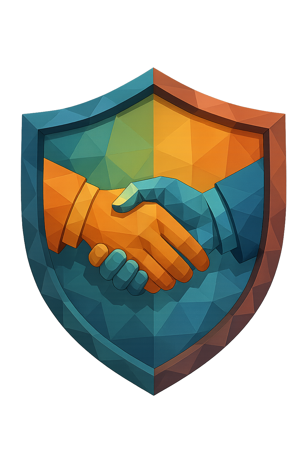 lowpoly a shield with hands performing handshake make it where there are colors so it pops also make the background transparent-1